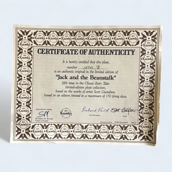 KNOWLES “Jack and the Beanstalk“ Collector’s Plate 22K Gold Rim COA 8.5” diam. - Picture 3 of 6